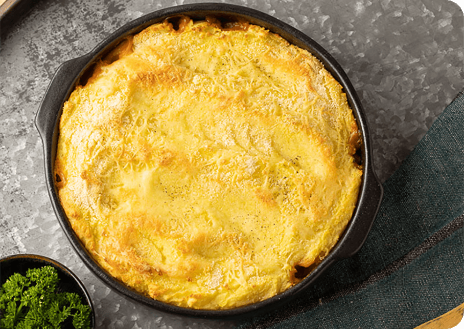 Vegetarische hachis parmentier met knolselder en vegan gehakt