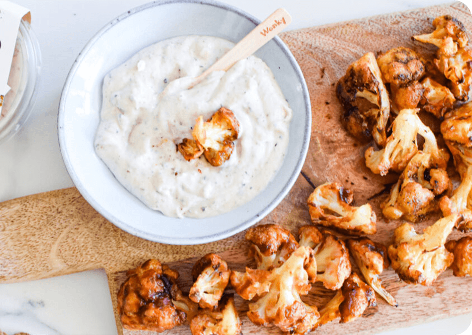 Gebakken bloemkoolhapjes met wonky's truffel-bloemkooldip