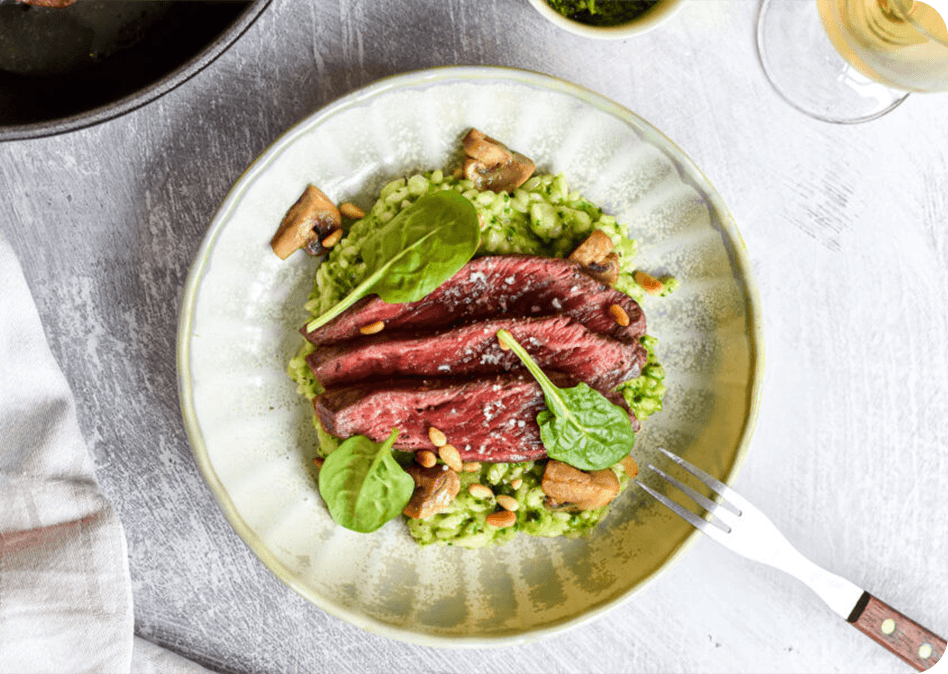 Smaakvolle bavette met spinazie pesto risotto