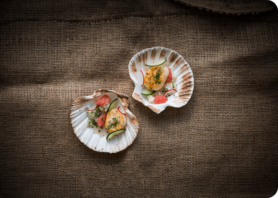 Coquille met frisse grapefruit en aromatische groenetheedressing